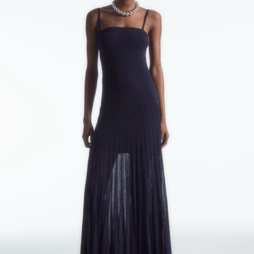 Cos Women's Blue Pleated Knitted Maxi Dress